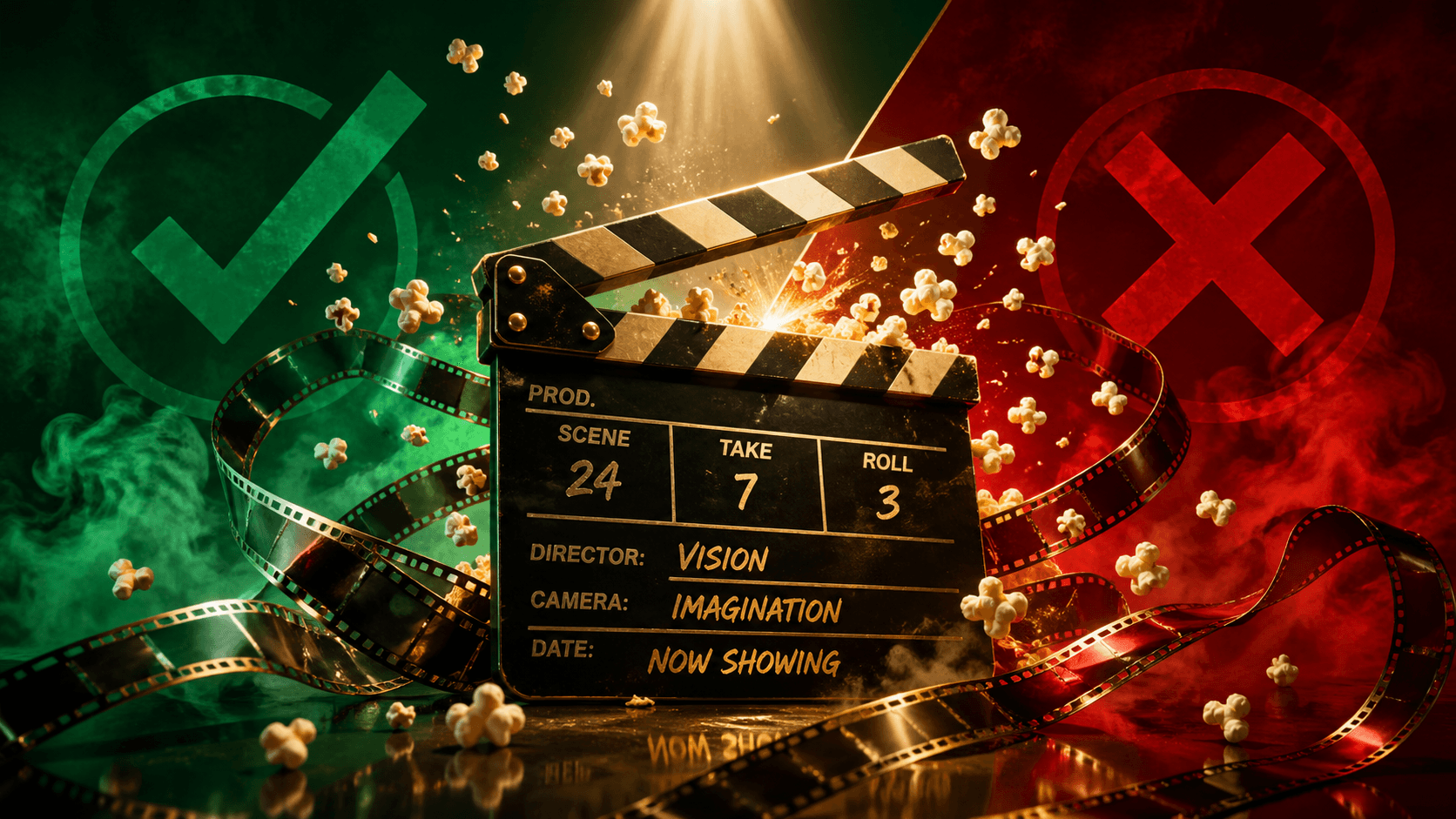 Clap de cinéma doré sur fond vert et rouge, entouré de pellicule et popcorn sous un projecteur