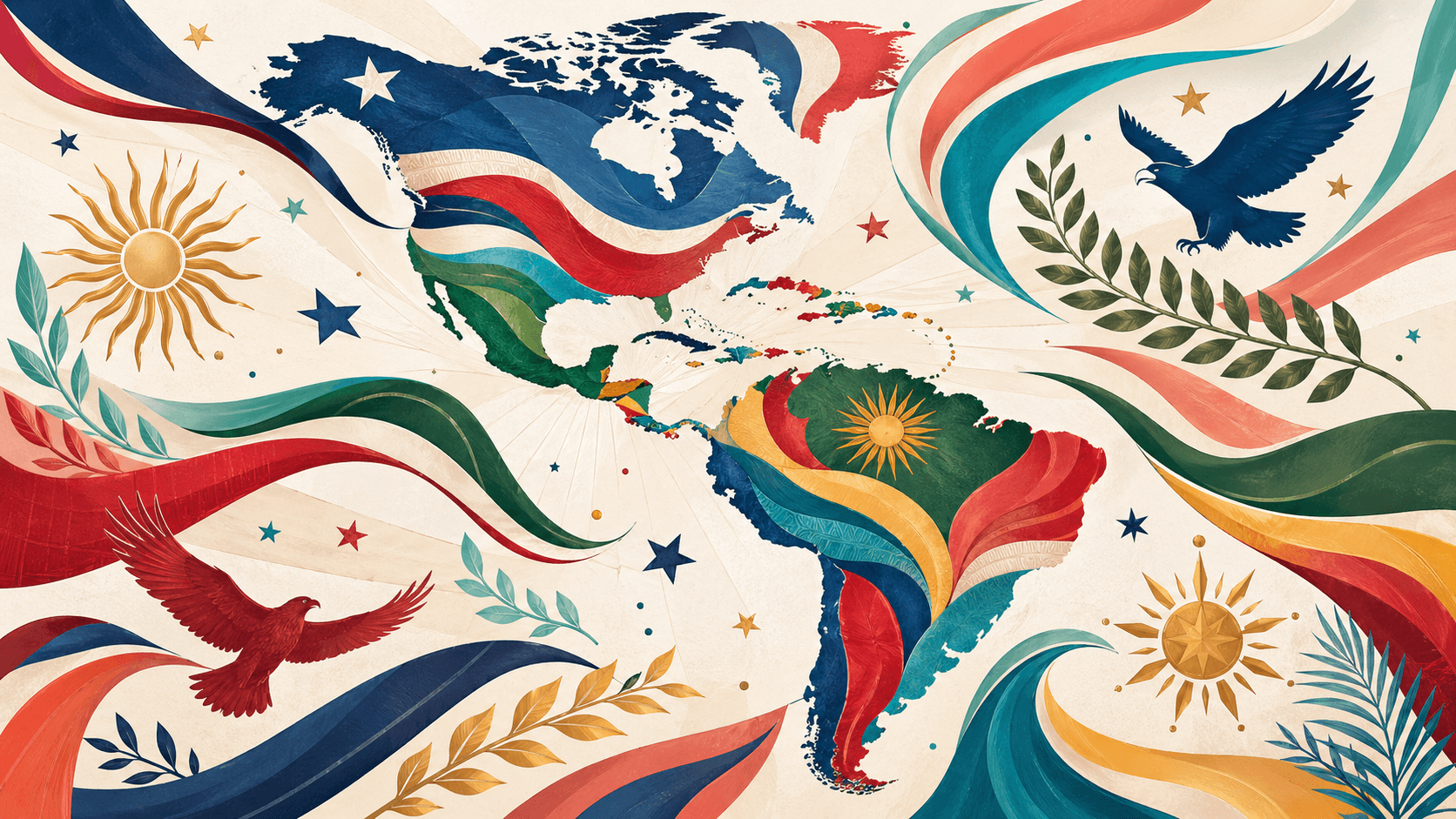 Flaggenbänder der Amerikas mit Sternen, Sonnen und Adlern auf einer Kontinentkarte