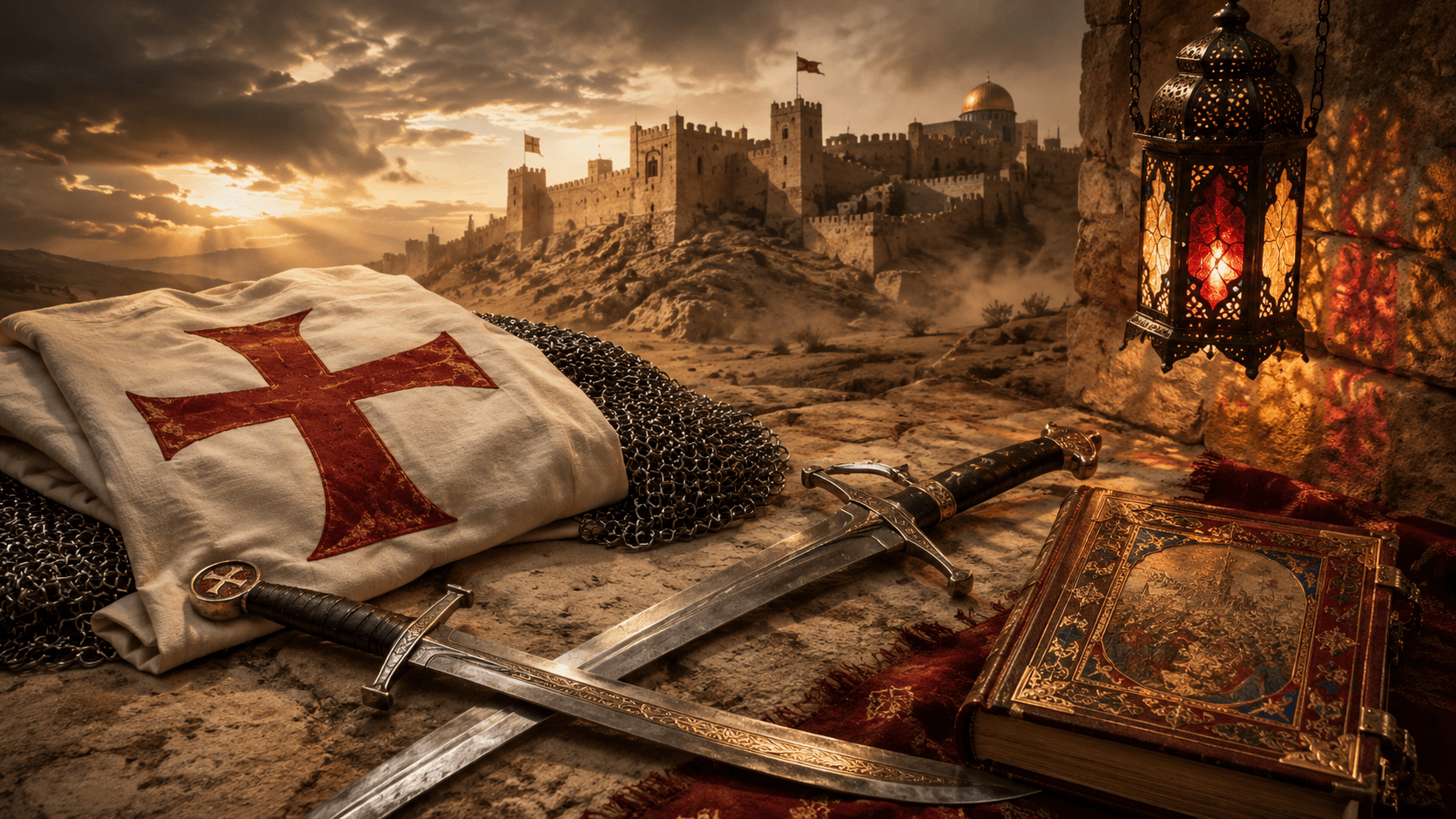 Red Templar surcoat over chainmail, straight sword and curved scimitar crossed on a slab, crenellated fortress, bound chronicle and paneled glass lantern