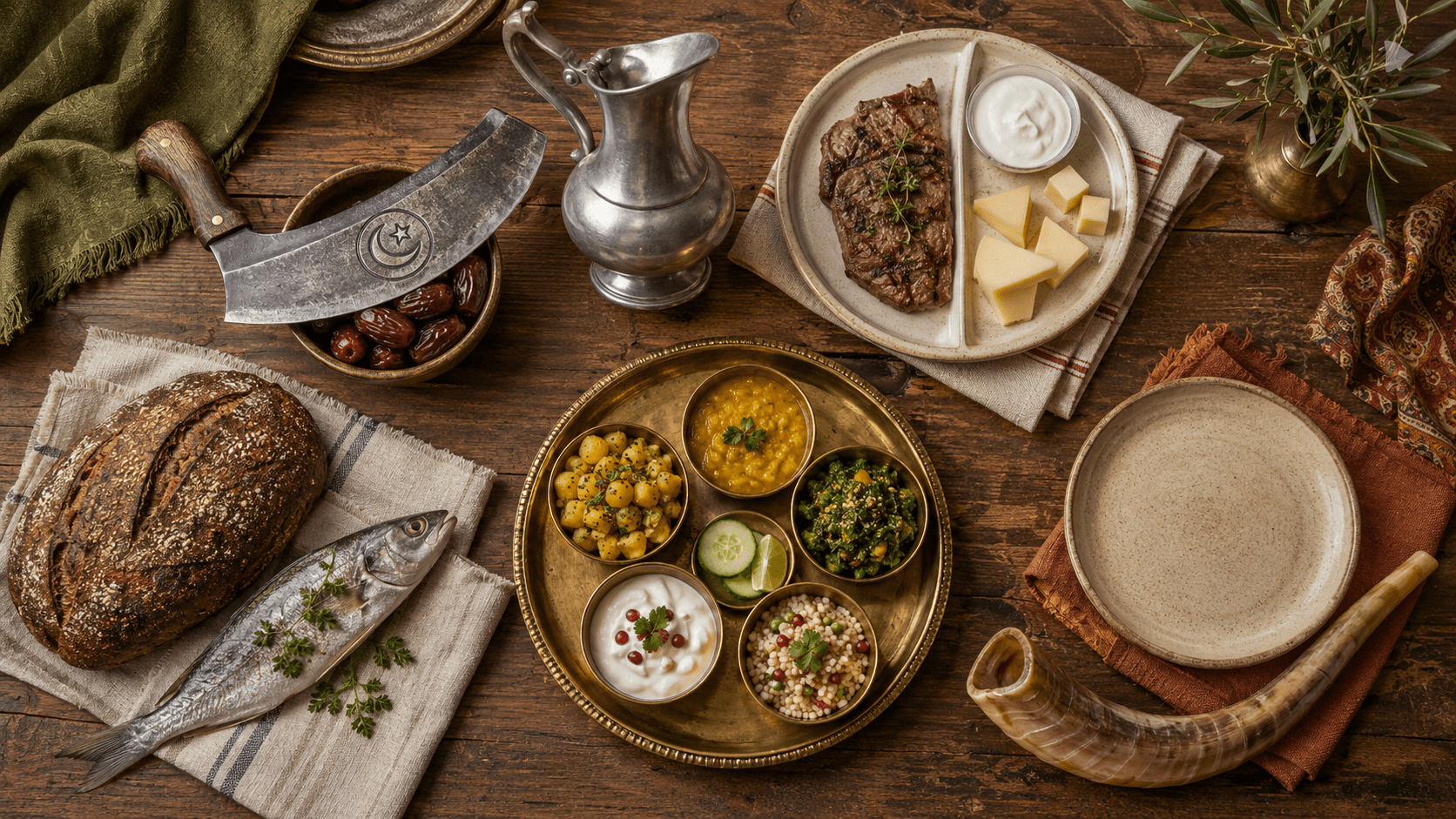 Table en bois vue d'en haut : couperet halal et dattes, pichet casher et assiette séparée lait-viande, pain et poisson du carême, thali végétarien et shofar près d'assiette vide