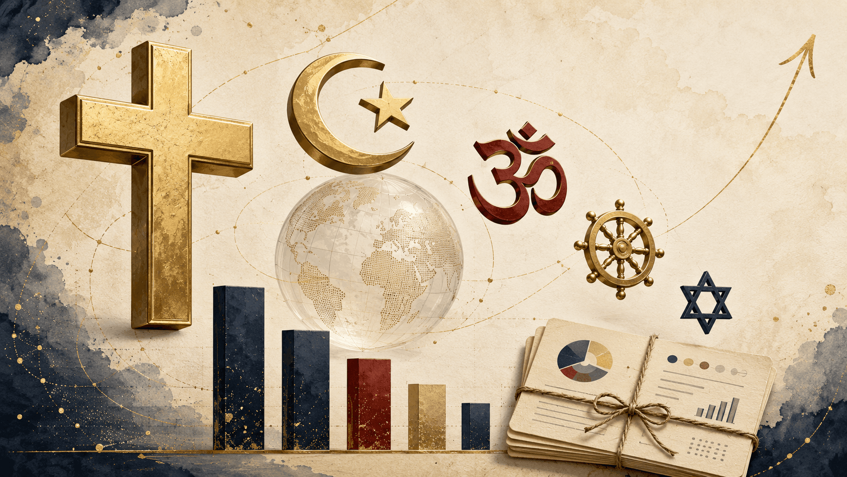Globo traslucido circondato da simboli religiosi in dimensioni proporzionali, frammento di grafico a barre, mappe statistiche collegate e freccia dorata di crescita.