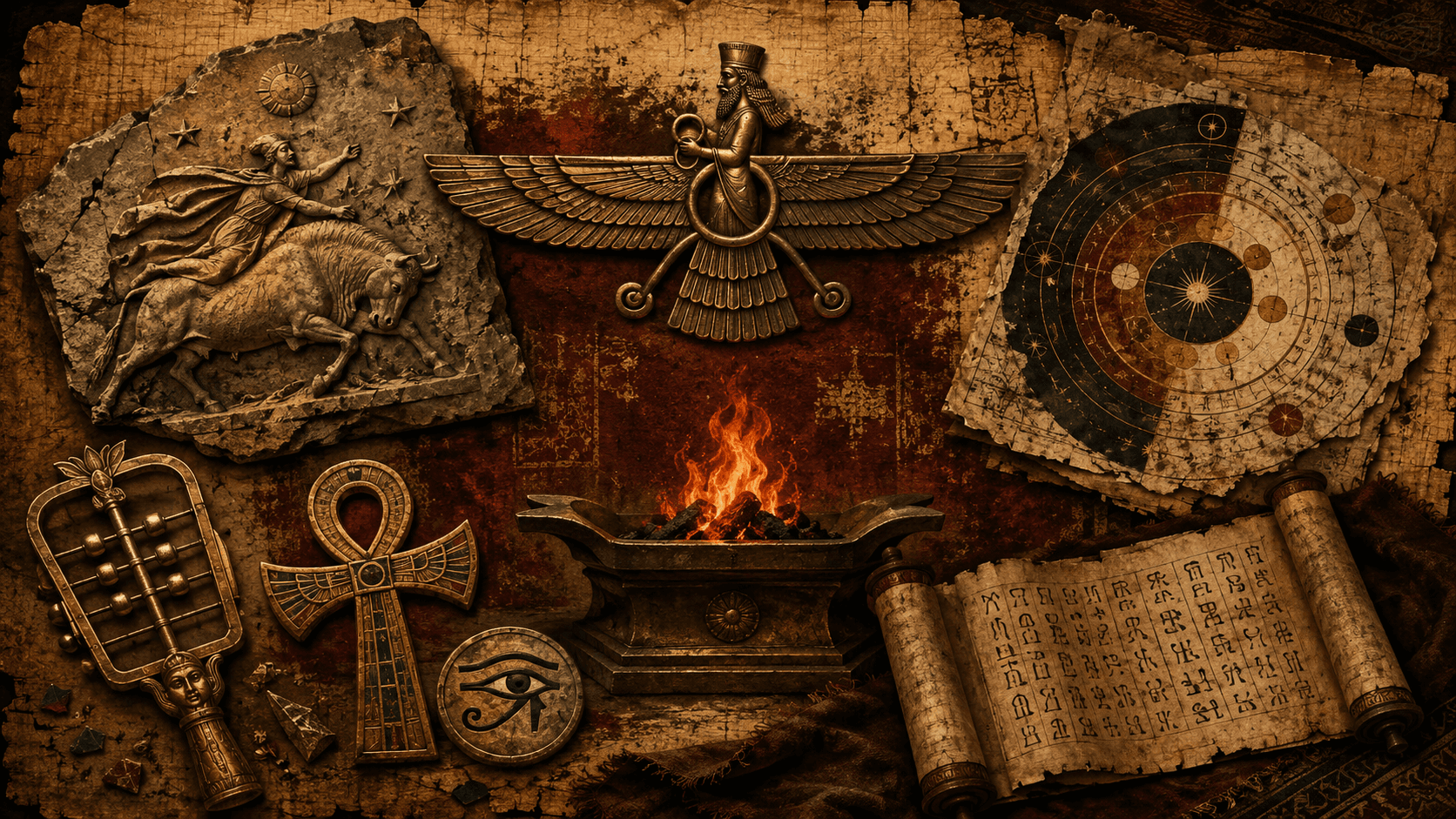 Faravahar zoroastriano sopra un altare del fuoco, rilievo mitraico, sistro e nodo di Iside, diagramma manicheo e rotolo copto gnostico.