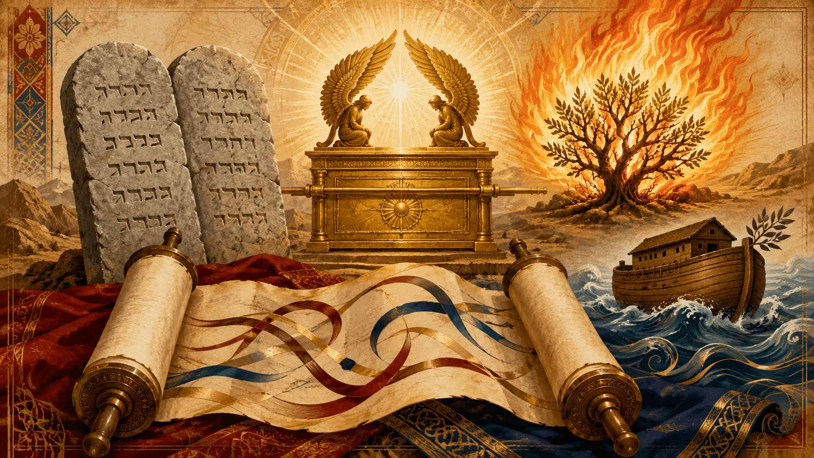 Zwei Steintafeln der zehn Gebote, vergoldete geflügelte Bundeslade, brennender Zweig des Dornbuschs, Arche Noah auf Wellen mit Olivenzweig, entrollte Torah-Rolle