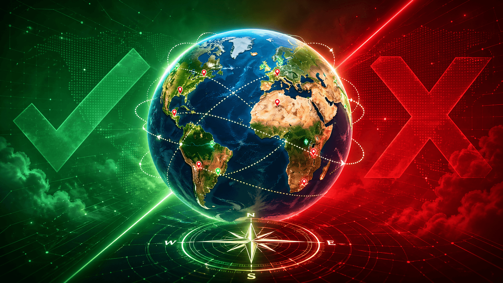 Globe terrestre avec repères géographiques, coche verte à gauche et croix rouge à droite sur fond vert et rouge