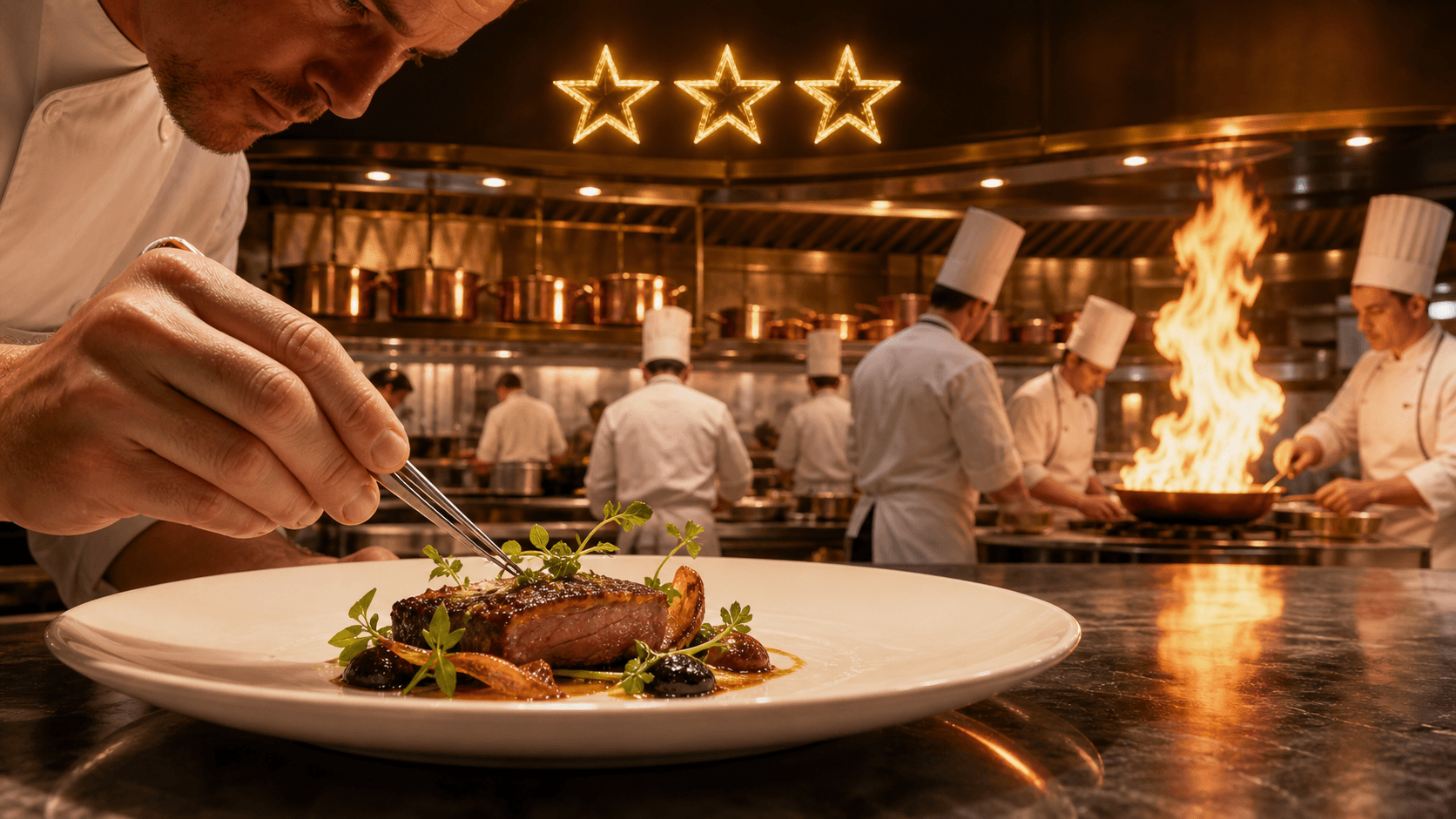 Chef en tablier noir dresse une assiette avec une feuille verte dans une cuisine professionnelle