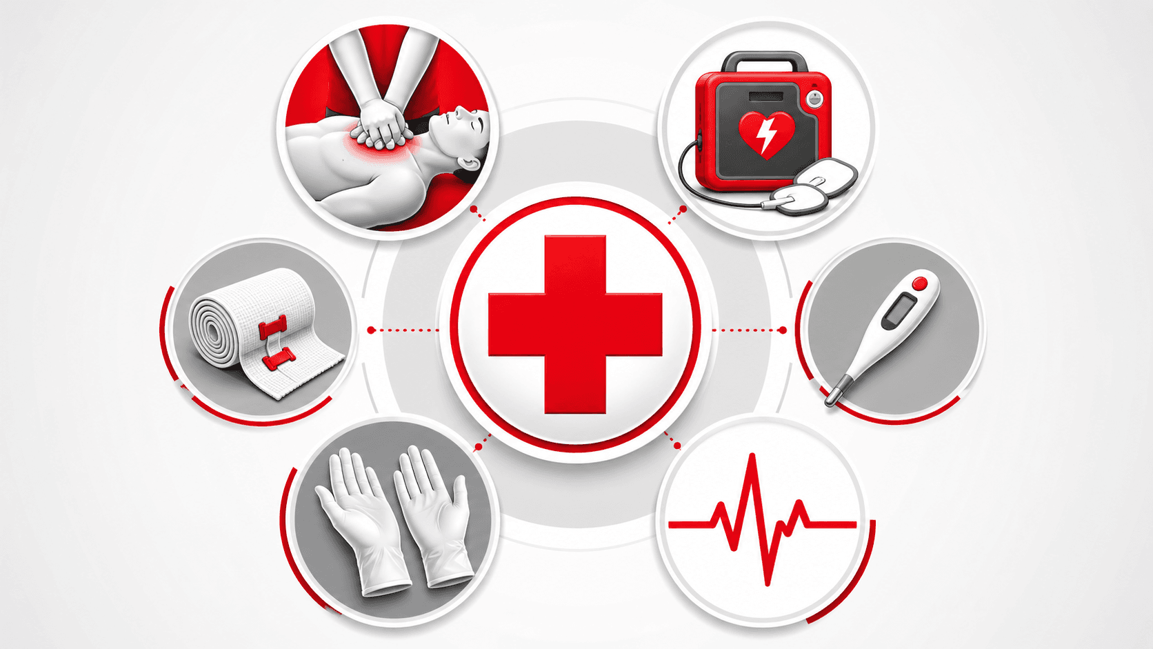 Central red cross symbol surrounded by first aid icons: hands, defibrillator, bandage, thermometer and heart rate line