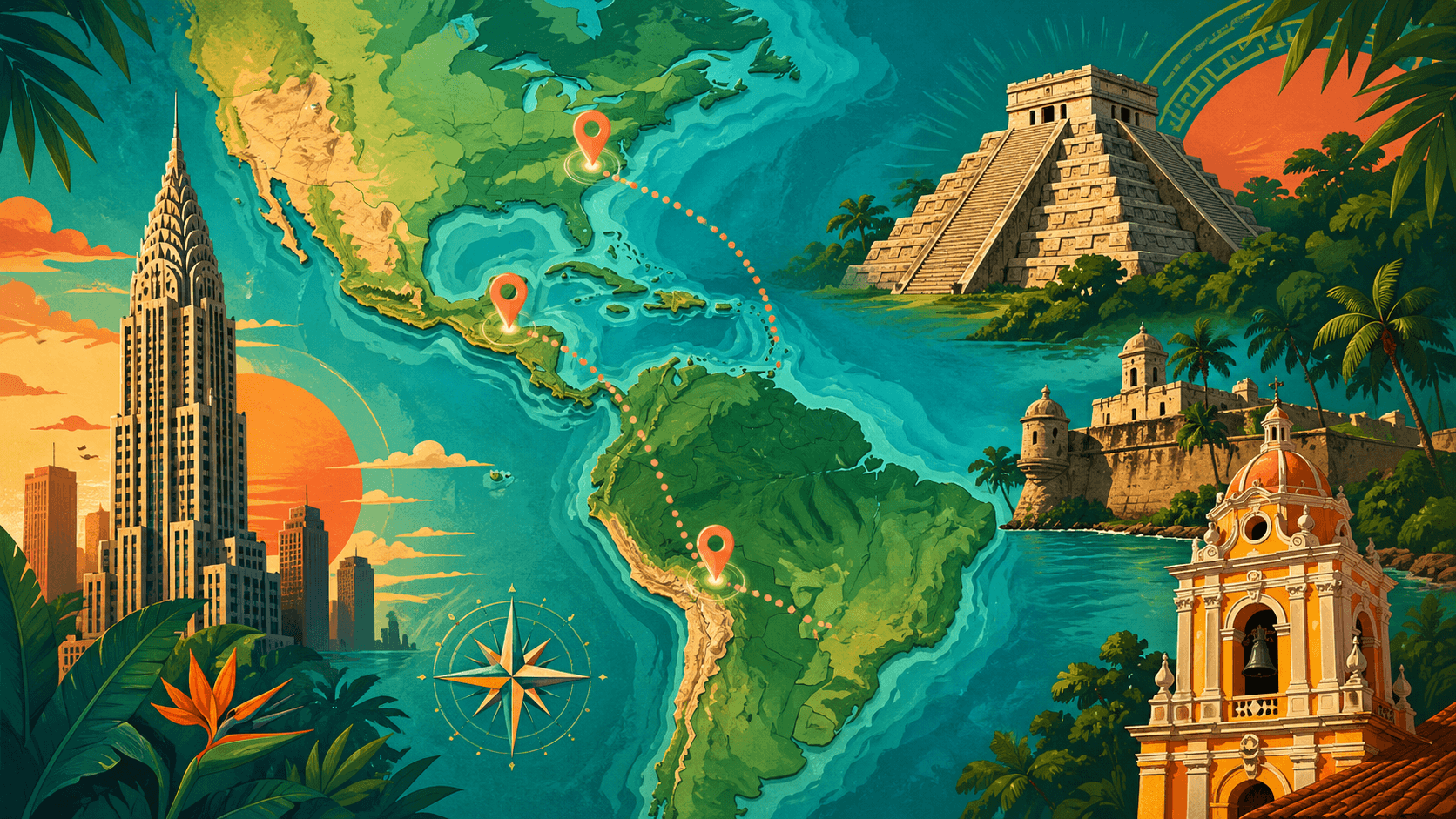 Illustrierte Karte Amerikas mit Maya-Pyramide, Kolonialfestung und Wolkenkratzer auf türkisem Hintergrund