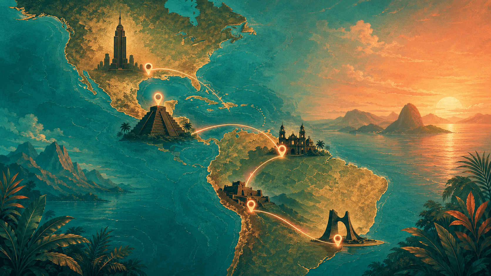 Illustrierte Karte Amerikas im Sonnenuntergang mit fünf Wahrzeichen, verbunden durch eine leuchtende Route