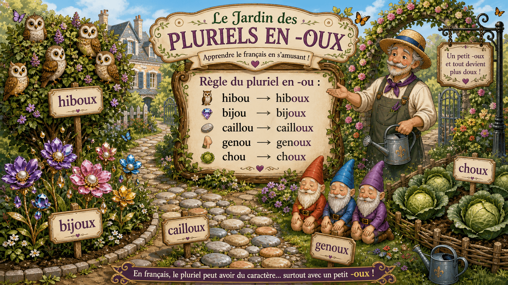 Jardín ilustrado con búhos, guijarros, joyas y coles, carteles que muestran el plural en -oux