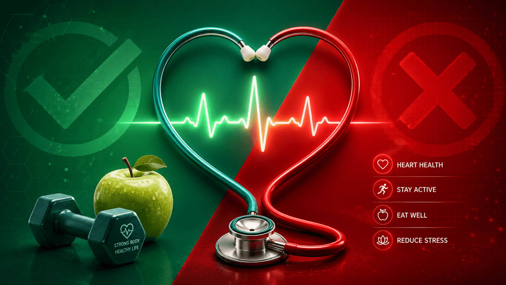 Stéthoscope en forme de cœur sur fond vert et rouge avec pomme, haltère et ECG lumineux