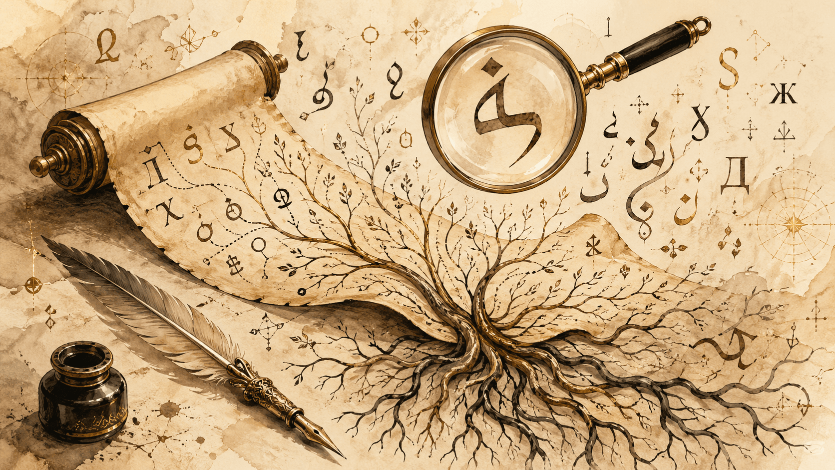 Parchemin avec racines étymologiques ramifiées, loupe sur lettre, glyphes d'alphabets variés et plume de lettré