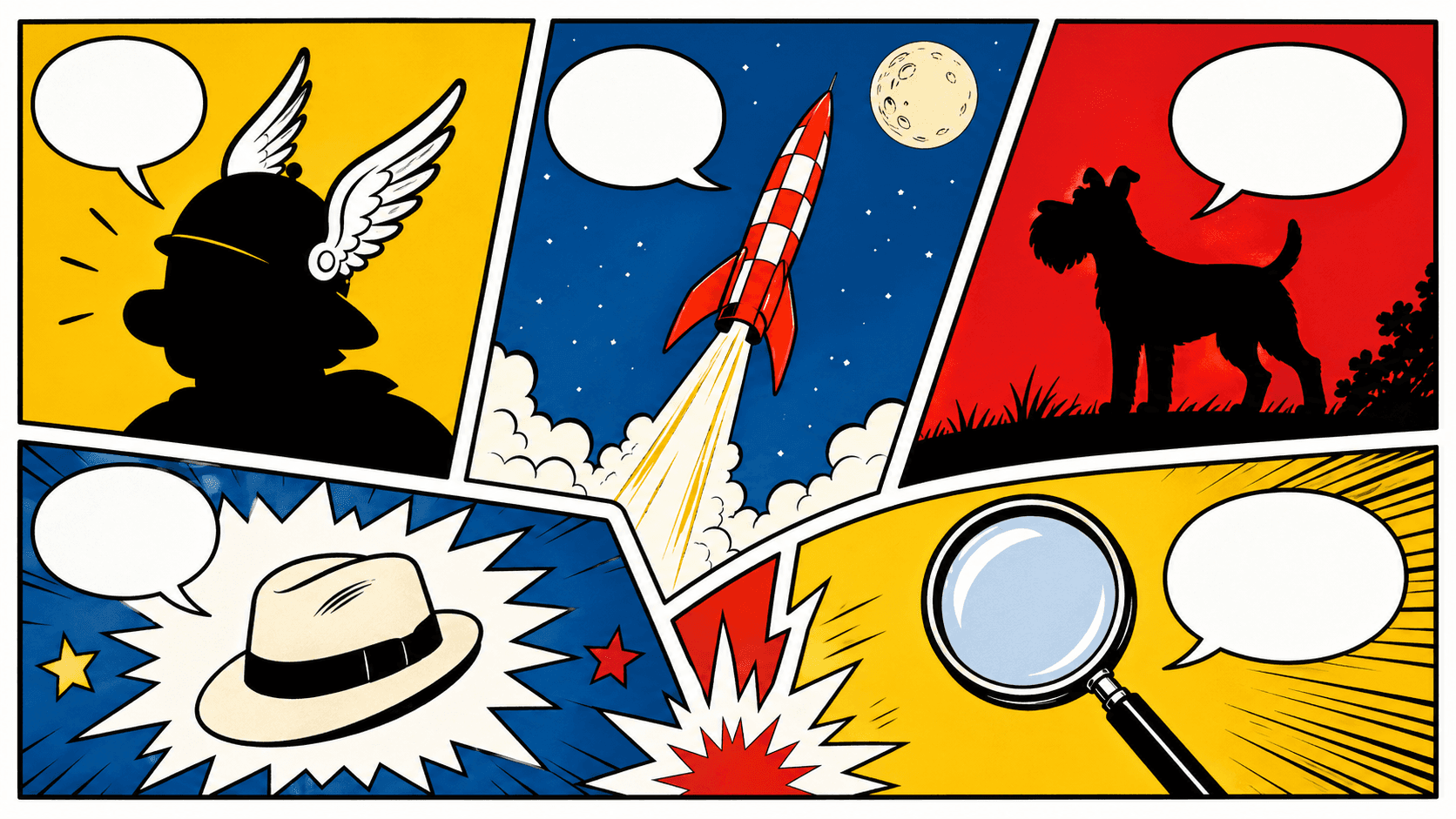 Page de BD stylisée avec bulles vides, casque ailé gaulois, chien, fusée lunaire, chapeau de reporter et loupe