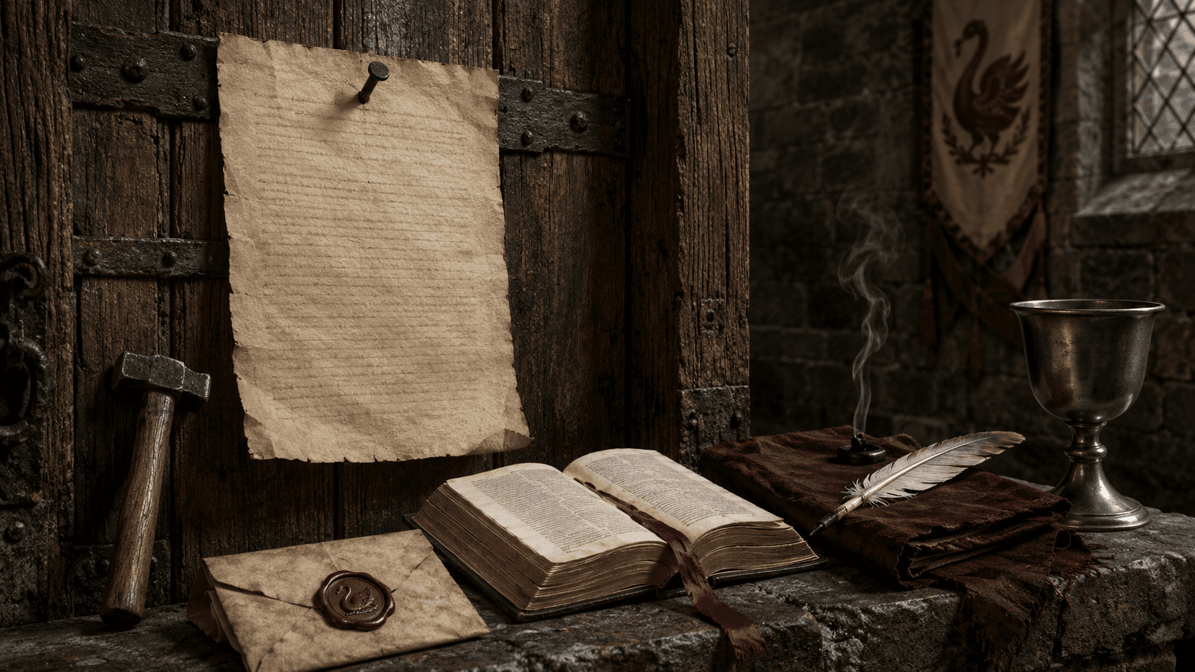 Pergament der 95 Thesen an Kirchentür genagelt, aufgeschlagene Bibel mit Lesebändchen, mit Schwan gesiegelter Brief, Feder auf humanistischer Schrift und Zinnkelch auf Altar.