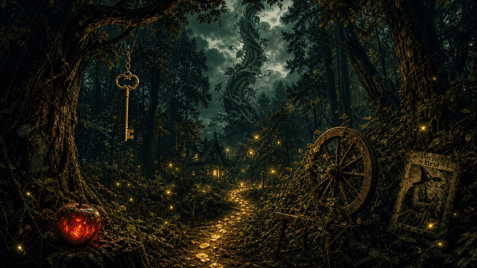 Forêt sombre et enchantée, sentier pavé lumineux, clé dorée suspendue, pomme rouge brillante, rouet ancien, chaumière éclairée au loin, lucioles, palette vert profond et or.