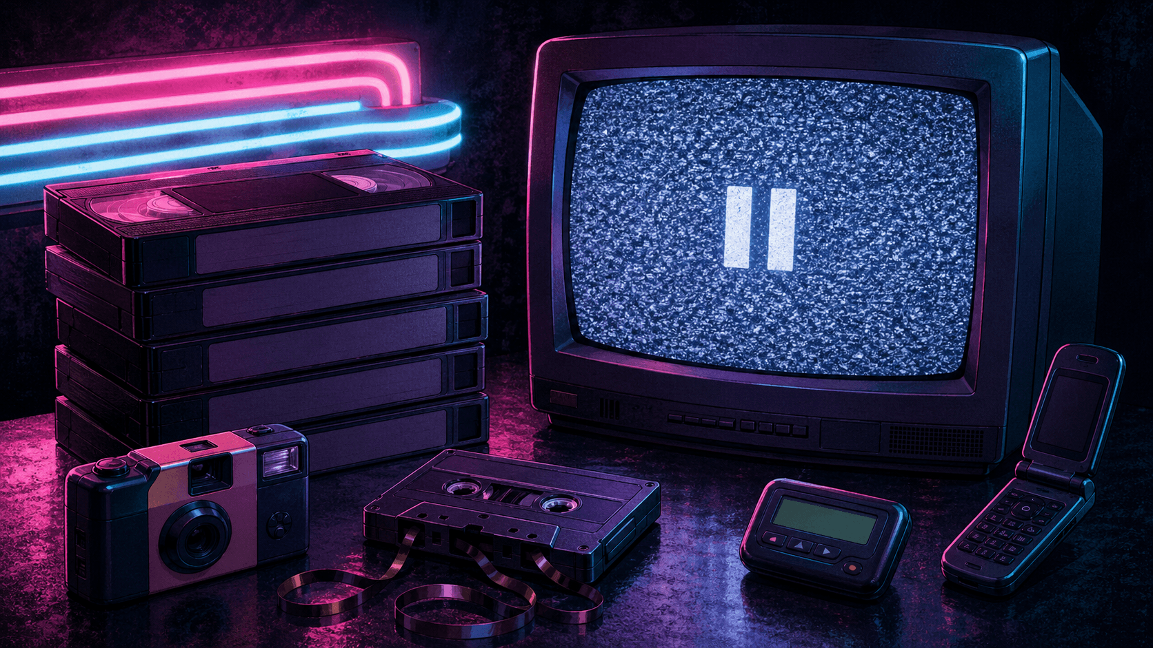 Cassettes VHS, téléviseur cathodique, néon rétro et téléphone à clapet dans une composition 90s