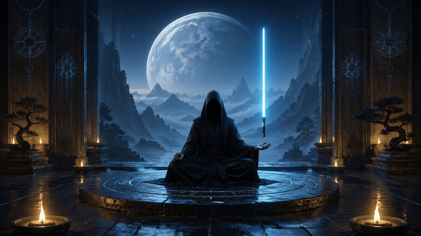 Silhueta encapuzada meditando em templo antigo com sabre ciano levitando e runas luminosas