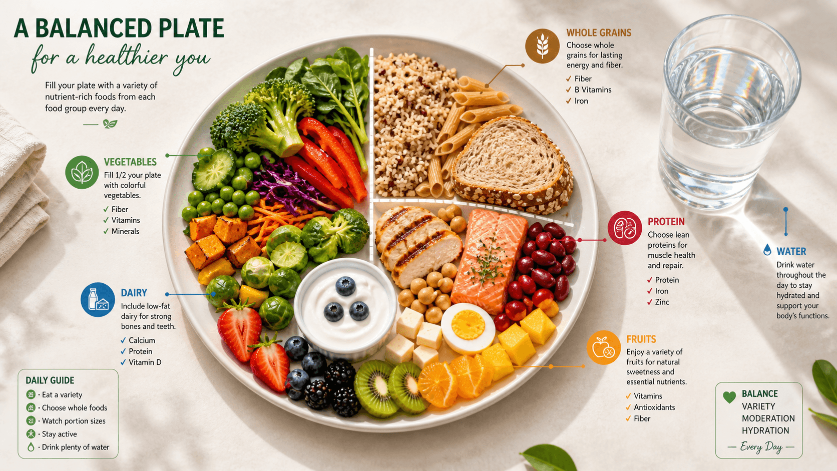Plate divided into four sections with vegetables, grains, proteins and fruits, alongside a glass of water