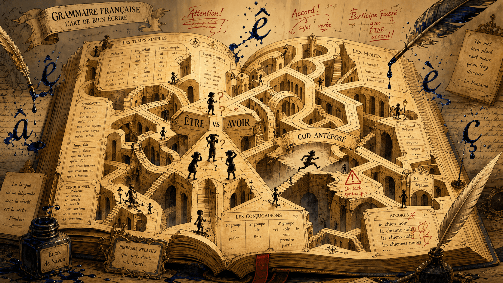 Livre de grammaire française ouvert formant un labyrinthe avec des personnages naviguant entre conjugaisons et accords