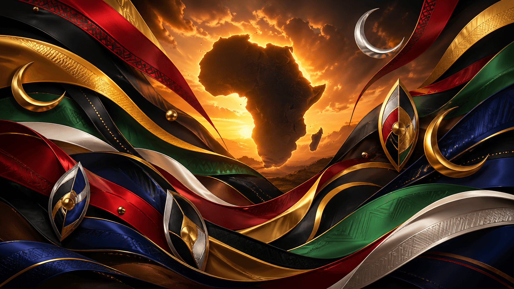 Rubans de drapeaux africains rouge-noir-or ondulant autour de la silhouette du continent au coucher du soleil