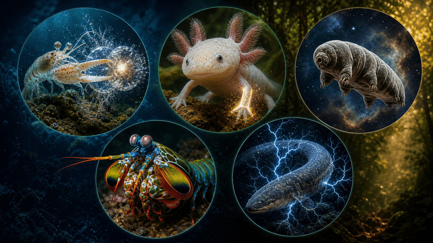 Axolotl rosa, tardigradi, crostaceo e gambero mantide in cerchi luminosi su sfondo cosmico e forestale