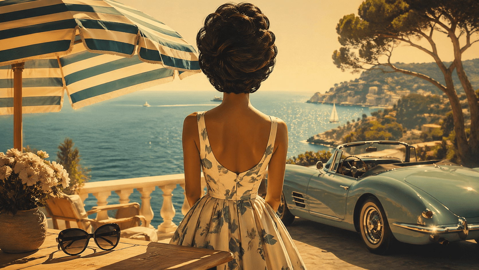 Silhouette de femme à chignon vu de dos sur terrasse méditerranéenne avec lunettes de soleil, parasol et cabriolet vintage