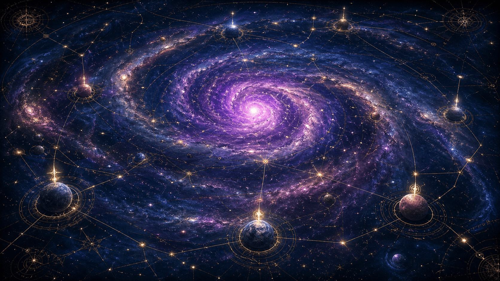 Mapa galáctico em espiral com planetas marcados, nebulosa roxa e linhas de energia douradas